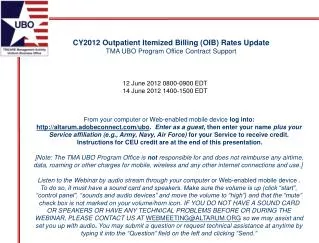 CY2012 Outpatient Itemized Billing (OIB) Rates Update TMA UBO Program Office Contract Support