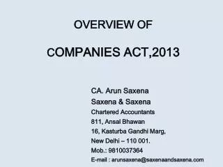 OVERVIEW OF C OMPANIES ACT,2013