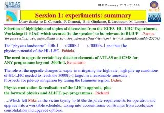 Session 1: experiments: summary