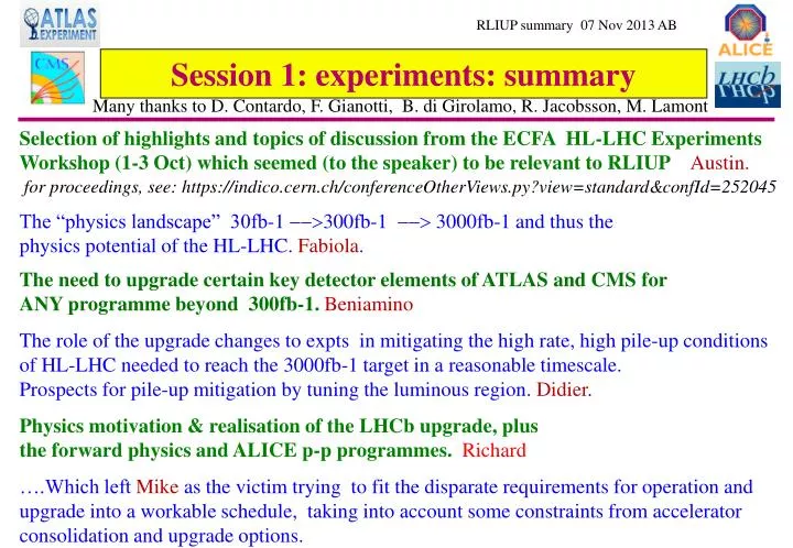 session 1 experiments summary
