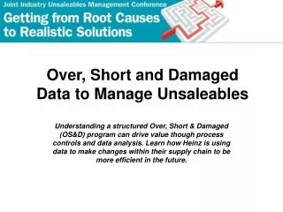 Over, Short and Damaged Data to Manage Unsaleables