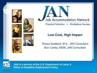 Low Cost, High Impact Teresa Goddard, M.S., JAN Consultant Burr Corley, MSW, JAN Consultant