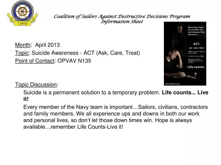 coalition of sailors against destructive decisions program information sheet
