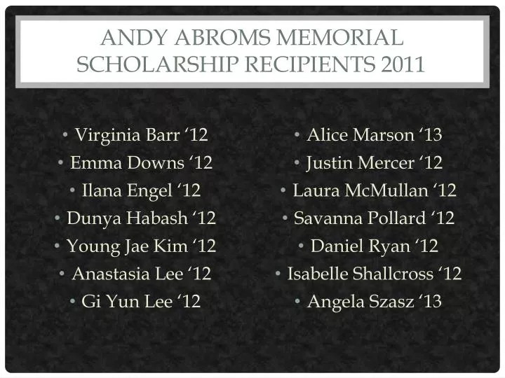 andy abroms memorial scholarship recipients 2011