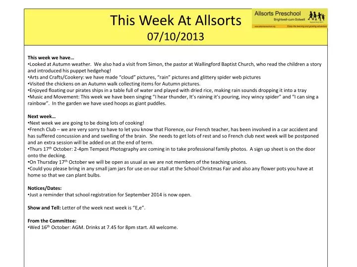 this week at allsorts 07 10 2013