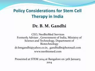 Policy Considerations for Stem Cell Therapy in India