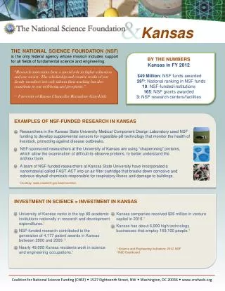 BY THE NUMBERS Kansas in FY 2012 $49 Million : NSF funds awarded 28 th : National ranking in NSF funds 10 : NSF-funded i