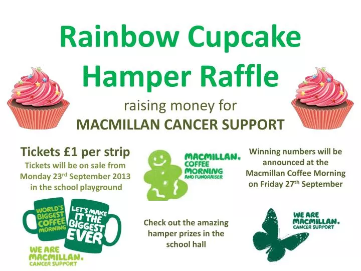 rainbow cupcake hamper raffle raising money for macmillan cancer support