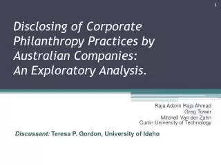 Disclosing of Corporate Philanthropy Practices by Australian Companies: An Exploratory Analysis.