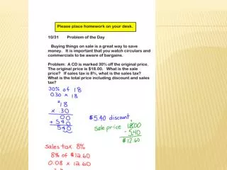 Solving problems involving discounts at sales and sales tax.