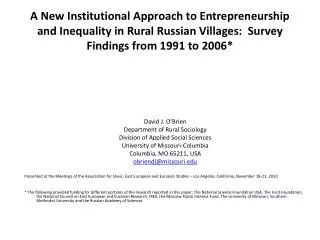 A New Institutional Approach to Entrepreneurship and Inequality in Rural Russian Villages: Survey Findings from 1991 t