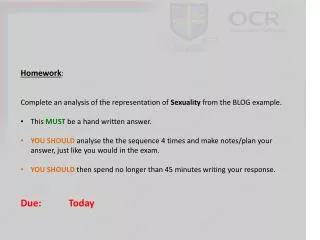 Homework : Complete an analysis of the representation of Sexuality from the BLOG example. This MUST be a hand written