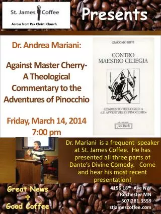 Dr. Andrea Mariani: Against Master Cherry- A Theological Commentary to the Adventures of Pinocchio Friday, March 14,