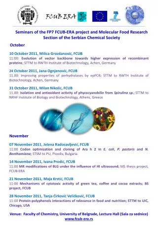 Seminars of the FP7 FCUB - ERA project and Molecular Food Research Section of the Serbian Chemical Society