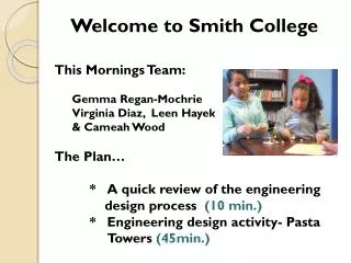 Welcome to Smith College This Mornings Team: Gemma Regan- Mochrie Virginia Diaz, Leen Hayek &amp; Cameah Wood The