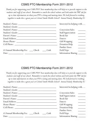 CSMS PTO Membership Form 2011-2012