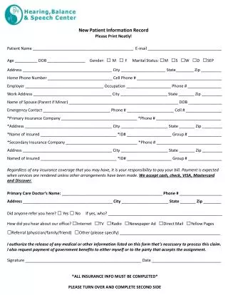 New Patient Information Record Please Print Neatly!