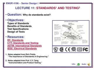 Question: Why do standards exist? Objectives: Types of Standards Benefits of Standards Test Specifications Design of Te