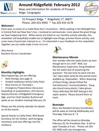 Around Ridgefield: February 2012 News and information for residents of Prospect R idge- Congregate