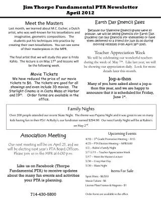 Jim Thorpe Fundamental PTA Newsletter April 2012