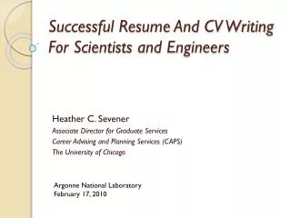 Successful Resume And CV Writing For Scientists and Engineers