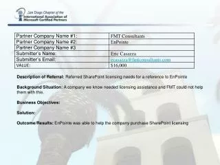 Description of Referral: Referred SharePoint licensing needs for a reference to EnPointe