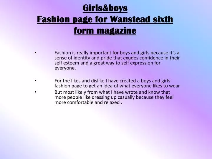 girls boys fashion page for wanstead sixth form magazine