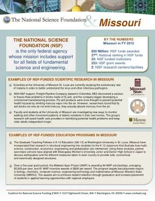BY THE NUMBERS Missouri in FY 2012 $50 Million: NSF funds awarded 27 th : National ranking in NSF funds 25: NSF-fu