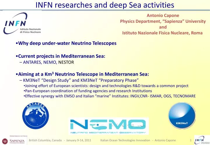 infn researches and deep sea activities