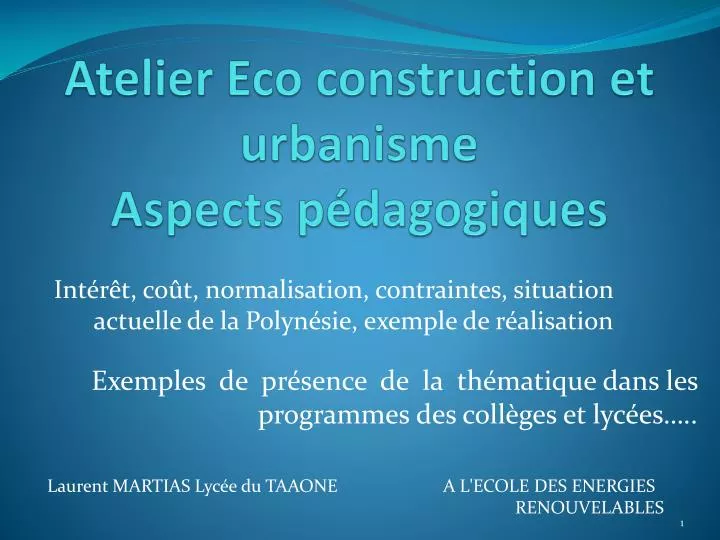 atelier eco construction et urbanisme aspects p dagogiques