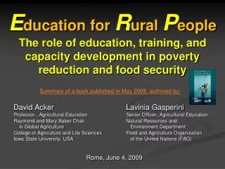 E ducation for R ural P eople The role of education, training, and capacity development in poverty reduction and food
