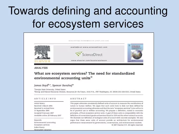 towards defining and accounting for ecosystem services