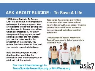 ASK ABOUT SUICIDE : To Save A Life