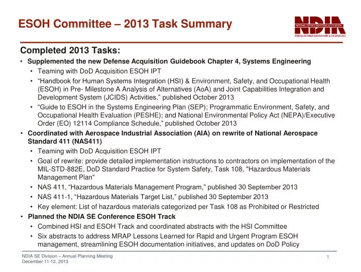 esoh committee 2013 task summary