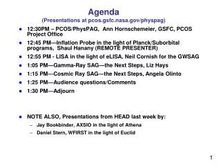 Agenda (Presentations at pcos.gsfc.nasa.gov/physpag )
