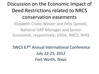 Discussion on the Economic Impact of Deed Restrictions related to NRCS conservation easements