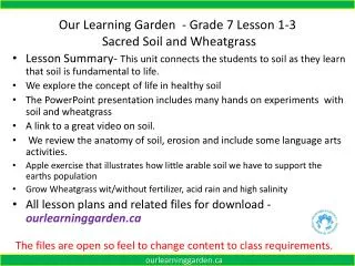 Our Learning Garden - Grade 7 Lesson 1-3 Sacred Soil and Wheatgrass