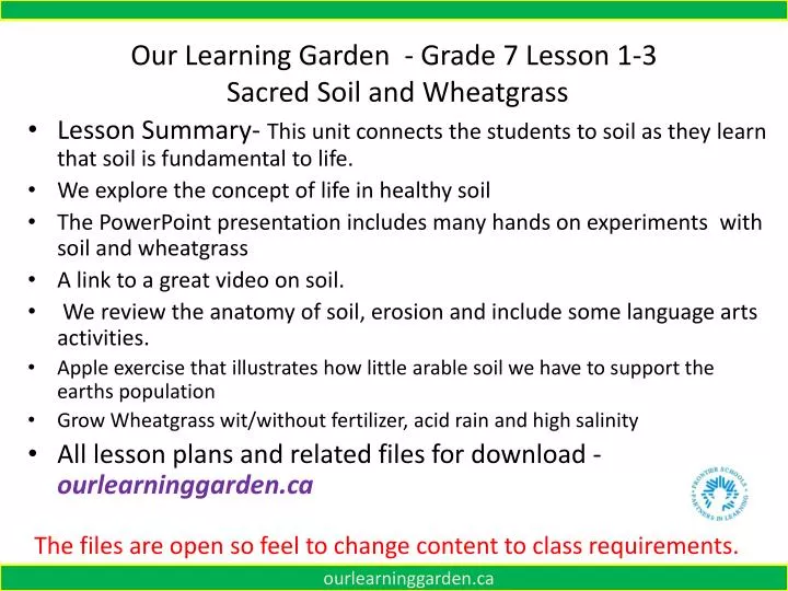 our learning garden grade 7 lesson 1 3 sacred soil and wheatgrass