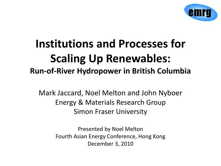 institutions and processes for scaling up renewables run of river hydropower in british columbia