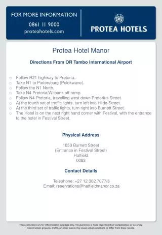 Protea Hotel Manor Directions From OR Tambo International Airport