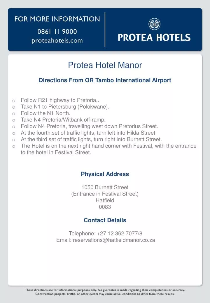protea hotel manor directions from or tambo international airport