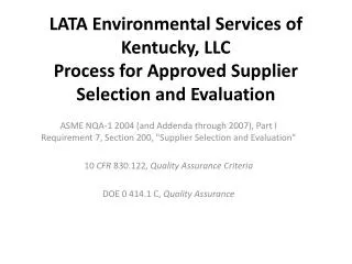 LATA Environmental Services of Kentucky, LLC Process for Approved Supplier Selection and Evaluation