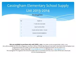 Cassingham Elementary School Supply List 2013-2014