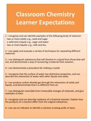 Classroom Chemistry Learner Expectations