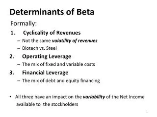Determinants of Beta Formally: Cyclicality of Revenues Not the same volatility of revenues Biotech vs. Steel Operati