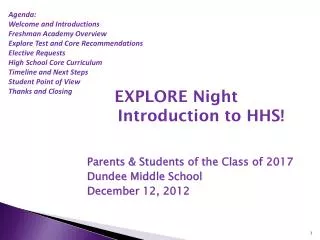 Agenda: Welcome and Introductions Freshman Academy Overview Explore Test and Core Recommendations Elective Requests High