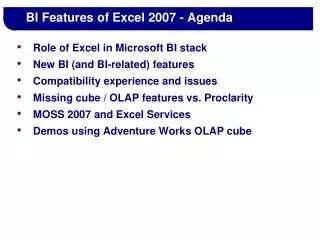 BI Features of Excel 2007 - Agenda