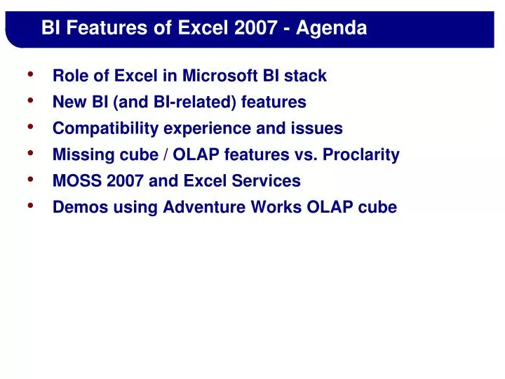 bi features of excel 2007 agenda