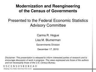 Modernization and Reengineering of the Census of Governments Presented to the Federal Economic Statistics Advisory Commi