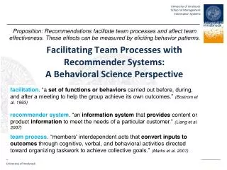 Facilitating Team Processes with Recommender Systems: A Behavioral Science Perspective